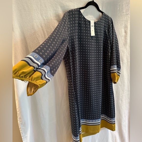 NWT ANN TAYLOR Shift dress with Bishop sleeves, blue geometric detail SIZE 16, - Picture 5 of 8